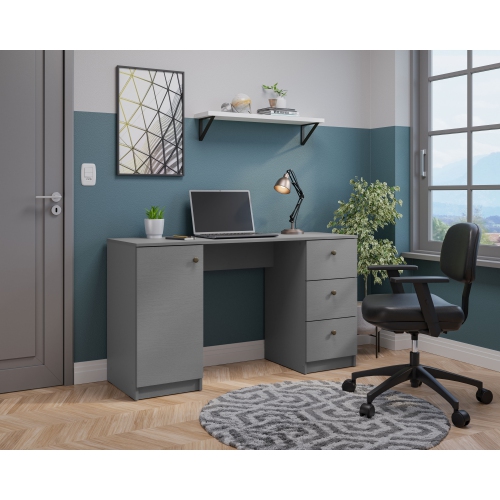 Madesa Executive Computer Writing Desk 53 Inch with 3 Drawers and 1 Door, Metalic Handles Wooden Home Office PC Study Table with Storage - Gray