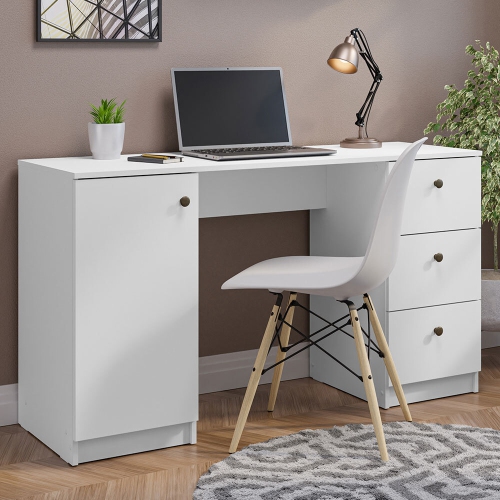 Madesa Executive Computer Writing Desk 53 Inch with 3 Drawers and 1 Door, Metalic Handles Wooden Home Office PC Study Table with Storage - White
