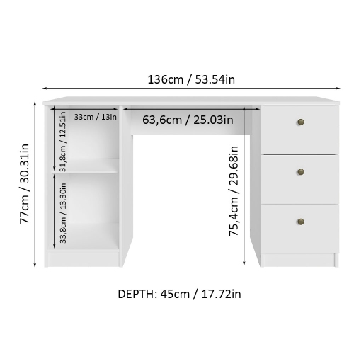 Madesa Executive Computer Writing Desk 53 Inch with 3 Drawers and 1 Door, Metalic Handles Wooden Home Office PC Study Table with Storage - White