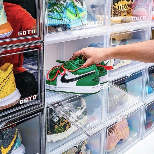 GOTO Clear Display Case with LED Lighting for Sneakers, Collectibles, Figures, Jewelry - Stackable Collection Crate Box-Green