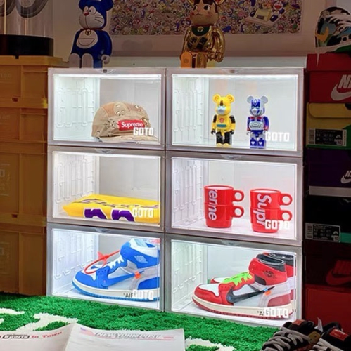 GOTO Clear Display Case with LED Lighting for Sneakers, Collectibles, Figures, Jewelry - Stackable Collection Crate Box-White