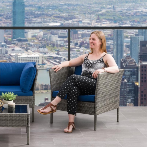 CorLiving Patio Armchair - Blended Grey with Blue Cushions