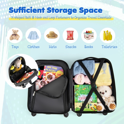 2PC Kids Carry On Luggage Set 12" Backpack and 16" Rolling Suitcase for Travel