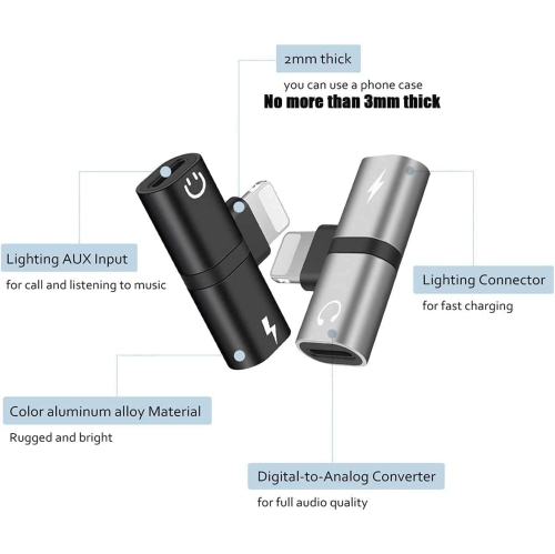 Dual 2in1 Lightning Headphone Audio & Charger Adapter Splitter for iPhone iPad,2 Pack iPhone Headphone Adapter for iPhone 14/13/ 12/11/ XS/XS