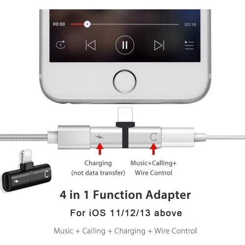 Dual 2in1 Lightning Headphone Audio & Charger Adapter Splitter for iPhone iPad,2 Pack iPhone Headphone Adapter for iPhone 14/13/ 12/11/ XS/XS