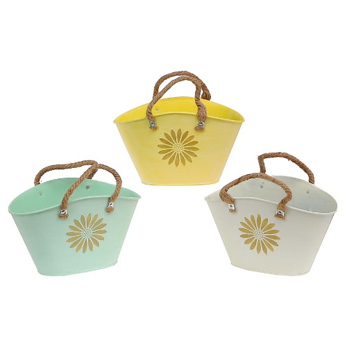 Maison Concepts Embossed Daisy Metal Oval Planter With Rope Handle Asstd - Set of 3