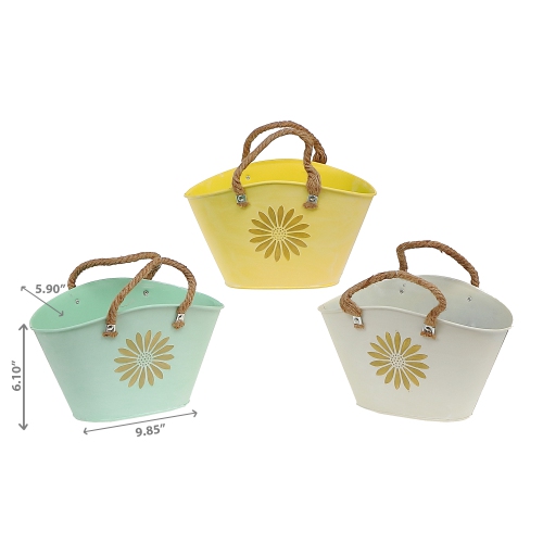 Maison Concepts Embossed Daisy Metal Oval Planter With Rope Handle Asstd - Set of 3