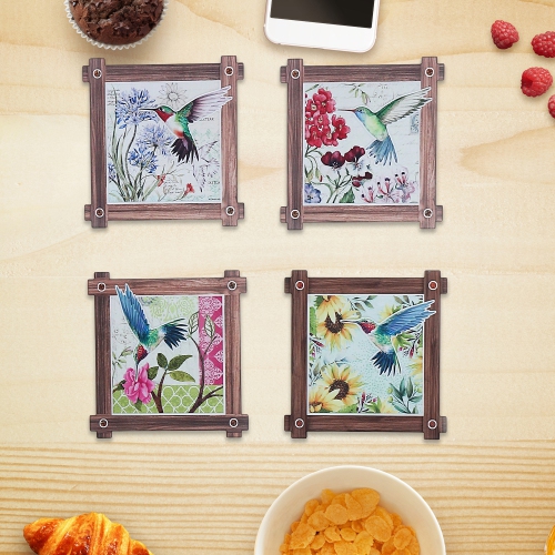 Maison Concepts 8" Square Ceramic Trivet Hummingg Bird Asstd - Set of 4