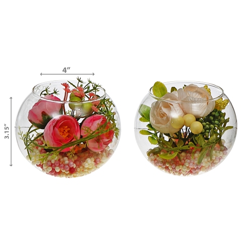 Maison Concepts Artificial Floral Arrangement In Round Glass Bowl Asstd - Set of 2
