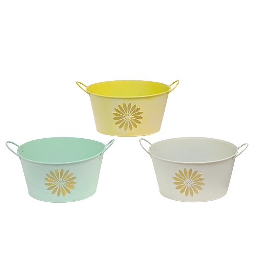 Maison Concepts Embossed Daisy Metal Round Planter With Handle Asstd - Set of 3