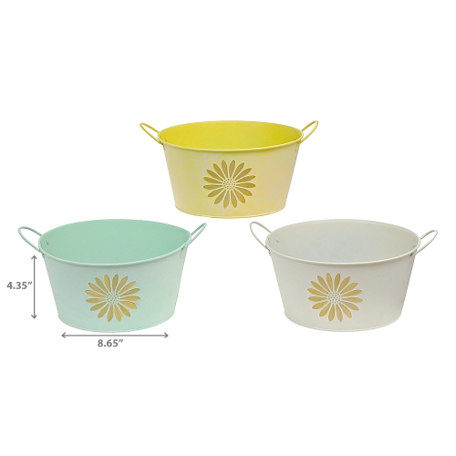 Maison Concepts Embossed Daisy Metal Round Planter With Handle Asstd - Set of 3