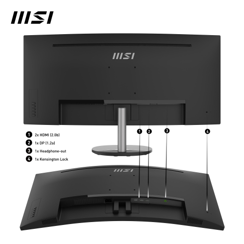 MSI 34" Business Monitor, 21:9 3440 x 1440(UWQHD) VA, 100Hz, Curved 1500R, TUV Certified Eyesight Protection, 4ms, Displayport, HDMI, Tilt, Built-In