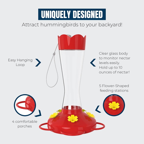 Paquet de deux mangeoire pour colibris d’extérieur MEKKKAKPRO en verre, 10 oz, 5 stations d’alimentation pour nectar suspendues, rouge vif, bac