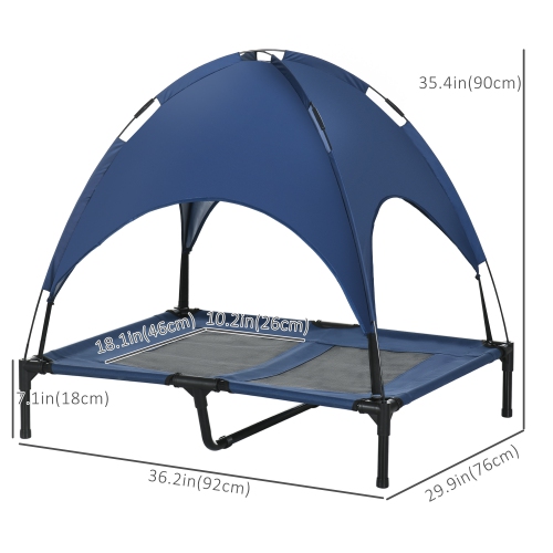 PawHut Elevated Dog Bed with Canopy, Portable Raised Dog Cot for L Sized Dogs, Indoor & Outdoor, 36" x 30" x 35", Dark Blue