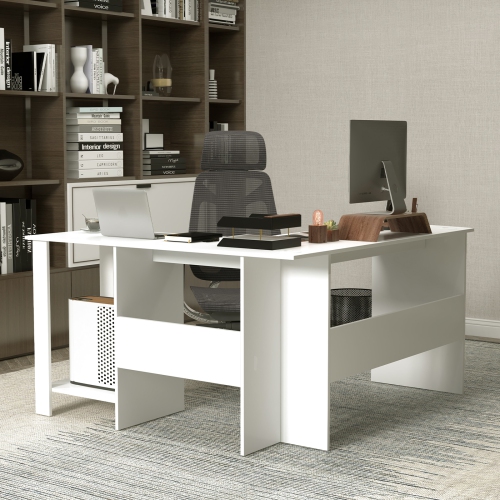 Topbuy Large L-shaped Computer Desk Modern Home Office Writing Desk Workstation with 2 Cable Holes & 2 Storage Shelves