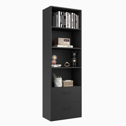 TOPBUY  74" Tall Bookcase 4-Tier Open Bookshelf \w 2 Slide-Out Drawers Modern Display Shelf \w Anti-Toppling Device Multipurpose Wooden Storage