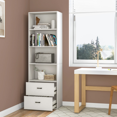 Topbuy 74" Tall Bookcase 4-tier Open Bookshelf with 2 Slide-out Drawers Modern Display Shelf with Anti-toppling Device Multipurpose Wooden Storage