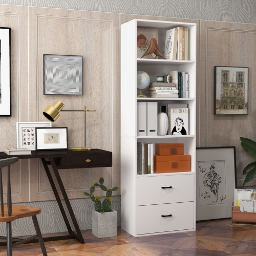 Topbuy 74" Tall Bookcase 4-tier Open Bookshelf with 2 Slide-out Drawers Modern Display Shelf with Anti-toppling Device Multipurpose Wooden Storage