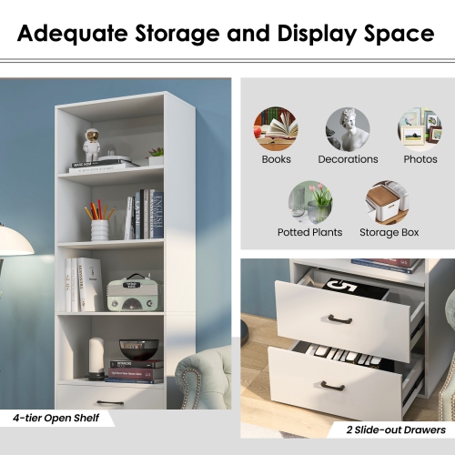 Topbuy 74" Tall Bookcase 4-tier Open Bookshelf with 2 Slide-out Drawers Modern Display Shelf with Anti-toppling Device Multipurpose Wooden Storage