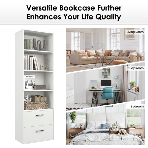 Topbuy 74" Tall Bookcase 4-tier Open Bookshelf with 2 Slide-out Drawers Modern Display Shelf with Anti-toppling Device Multipurpose Wooden Storage