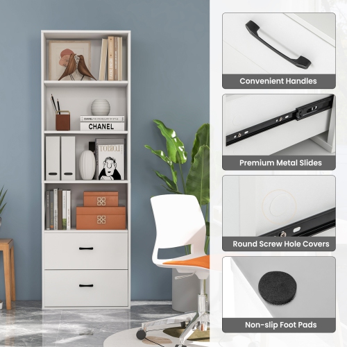 Topbuy 74" Tall Bookcase 4-tier Open Bookshelf with 2 Slide-out Drawers Modern Display Shelf with Anti-toppling Device Multipurpose Wooden Storage