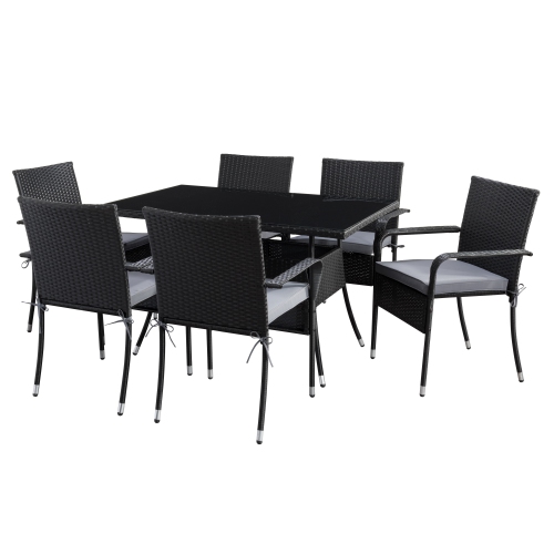 CORLIVING  Parksville Patio Dining Set With Stackable Chairs - Finish/ash Grey Cushions 7PC In Black