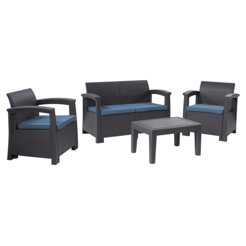 CorLiving Lake Front Black Rattan Patio Set With Blue Cushions 4pc
