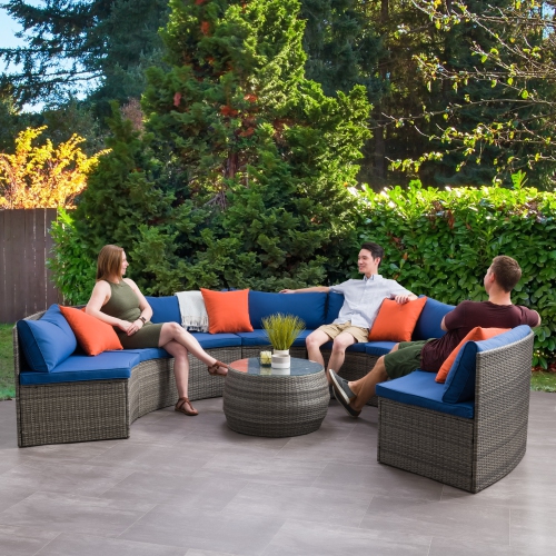 CorLiving Parksville Patio Sectional Set- Blended Grey Finish/Oxford Blue Cushions 5pc