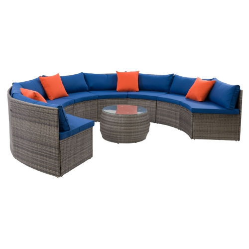 CorLiving Parksville Patio Sectional Set- Blended Grey Finish/Oxford Blue Cushions 5pc