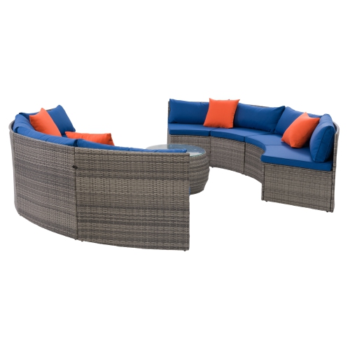 CorLiving Parksville Patio Sectional Set- Blended Grey Finish/Oxford Blue Cushions 5pc