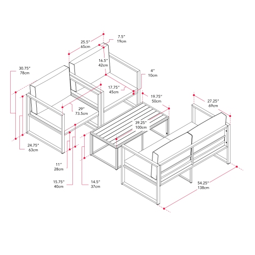 Ensemble de patio de 4 pièces Delia de CorLiving avec coussins, résistance aux intempéries, pour les petits espaces, balcon, jardin, cour arrière