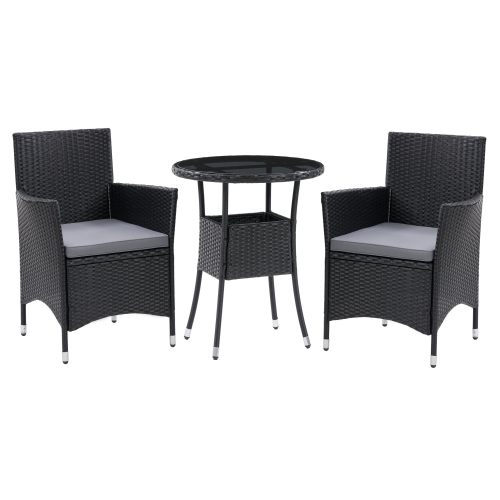Image 1 of 9.. CorLiving Parksville 3-Piece Wicker Patio Bistro Set, Outdoor Dining Set with Table, Chairs and Cushions, for Small Space, Backyard, Balcony