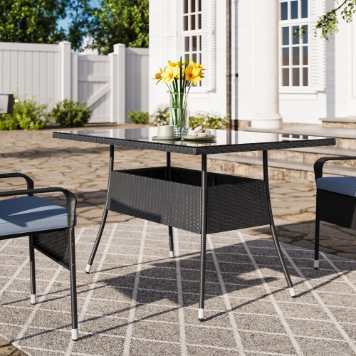 CorLiving Parksville 5-Piece Wicker Patio Dining Set with Rectangular Table, Stackable Chairs and Grey Cushions, Outdoor Patio Furniture