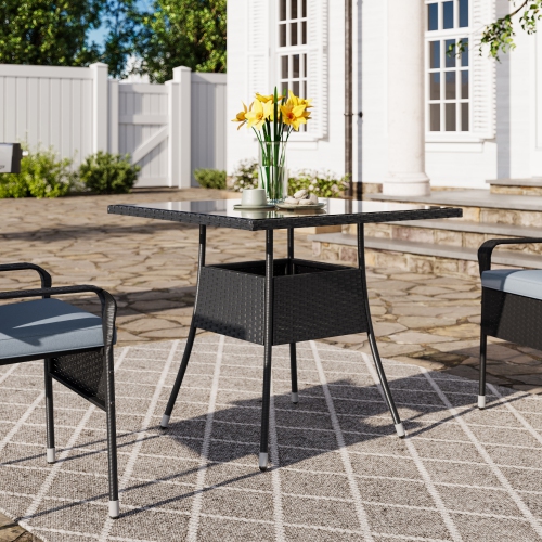 CorLiving Parksville Square Patio Dining Set- Stackable Chairs - Black Finish/Ash Grey Cushions 5pc