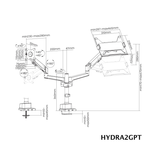 Amer Mounts - Articulating Monitor and Notebook Mount - Supports 17"-32" Monitors and 11.6"-17.3" laptops - HYDRA2GPT