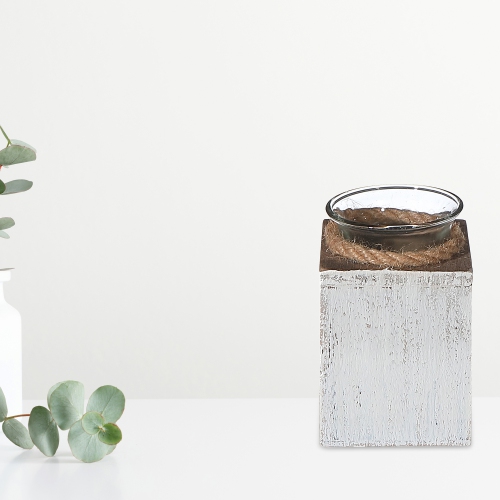 Maison Concepts White Wooden Tealight Candle Holder With Rope 4.75"