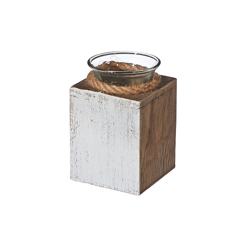 Maison Concepts White Wooden Tealight Candle Holder With Rope 4.75"