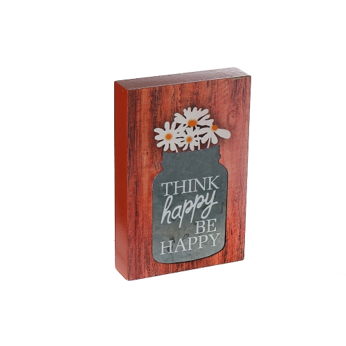 Image 1 of 3.. Maison Concepts Wood Block With Galvanized Jar Think Happy Bee Happy