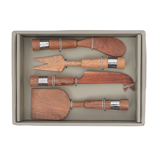 Maison Concepts Natural Acacia Wood With Hammered Nickel 4 Pc Cheese Cutlery Set