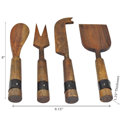 Maison Concepts Gray Acacia Wood With Riveted Gunmetall 4 Pc Cheese Cutlery Set