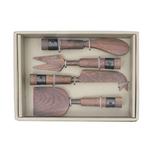 Maison Concepts Gray Acacia Wood With Riveted Gunmetall 4 Pc Cheese Cutlery Set