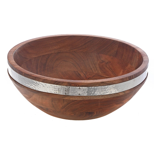Image 1 of 4.. Maison Concepts Natural Acacia Wood With Hammered Nickel Salad Bowl