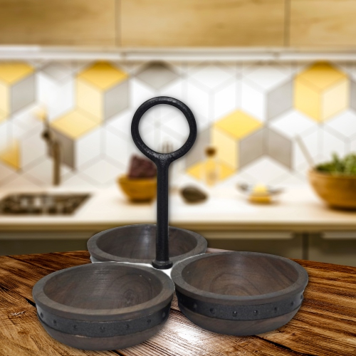 Maison Concepts Gray Acacia Wood With Riveted Gunmetal 3 Section Server