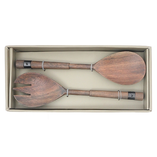 Maison Concepts Gray Acacia Wood With Riveted Gunmetal 2 Pc Salad Server Set