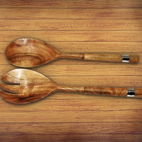 Maison Concepts Natural Acacia Wood With Hammered Nickel 2 Pc Salad Server Set