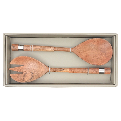 Maison Concepts Natural Acacia Wood With Hammered Nickel 2 Pc Salad Server Set