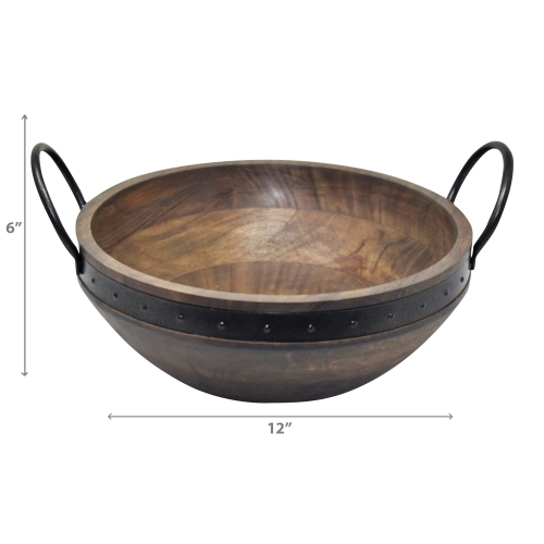 Maison Concepts Gray Acacia Wood With Riveted Gunmetal Salad Bowl W Handle