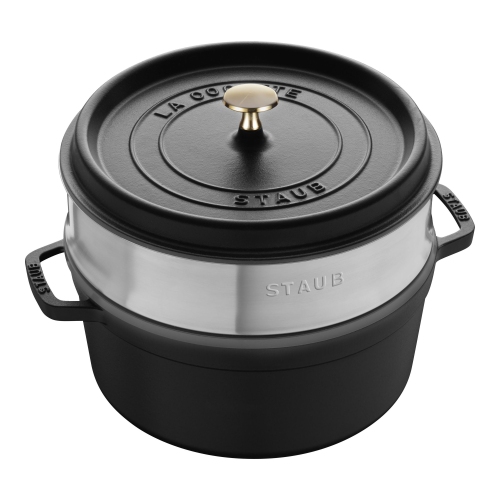 STAUB La Cocotte 5.25 L Cast Iron Round Cocotte With Steamer, Black