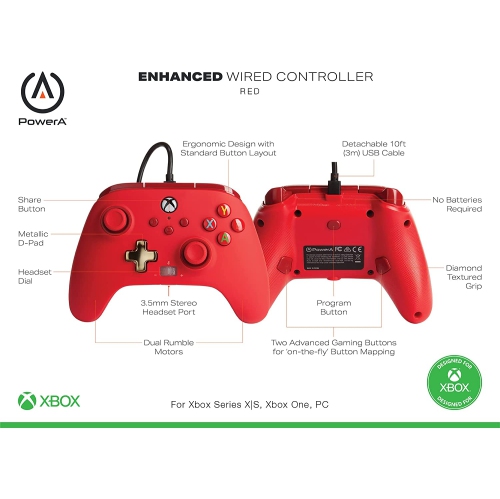 Manette avec fil optimisée ouverte de PowerA pour Xbox - Rouge