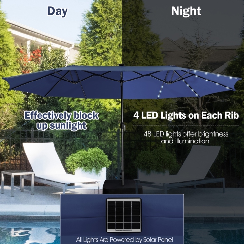 Gymax 15Ft Solar LED Patio Outdoor Double-Sided Umbrella w/ 48 Lights Crank